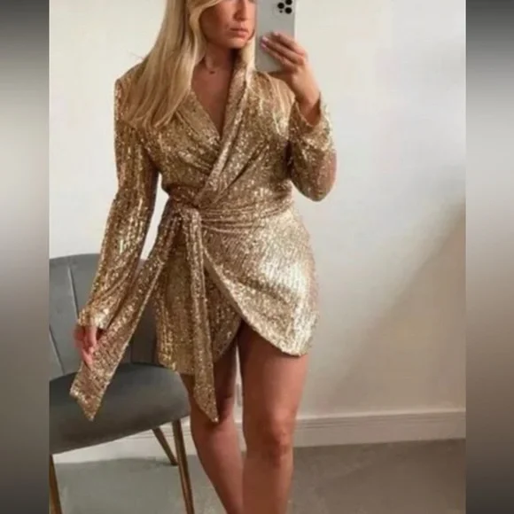 Zara Sparkling Gold Long Sleeve Dress NWT - Picture 2 of 10